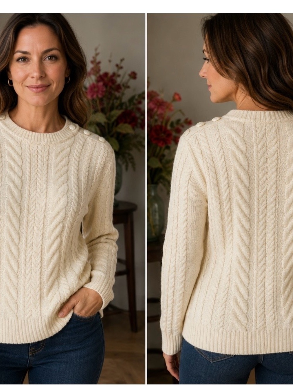J. Crew Cream Cable-Knit Crewneck Sweater